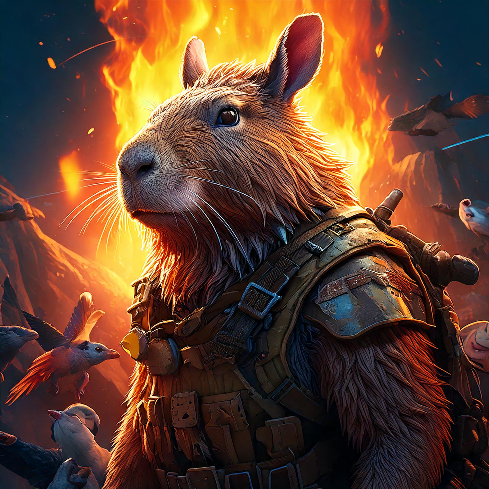 a capybara warrior with flames in the background