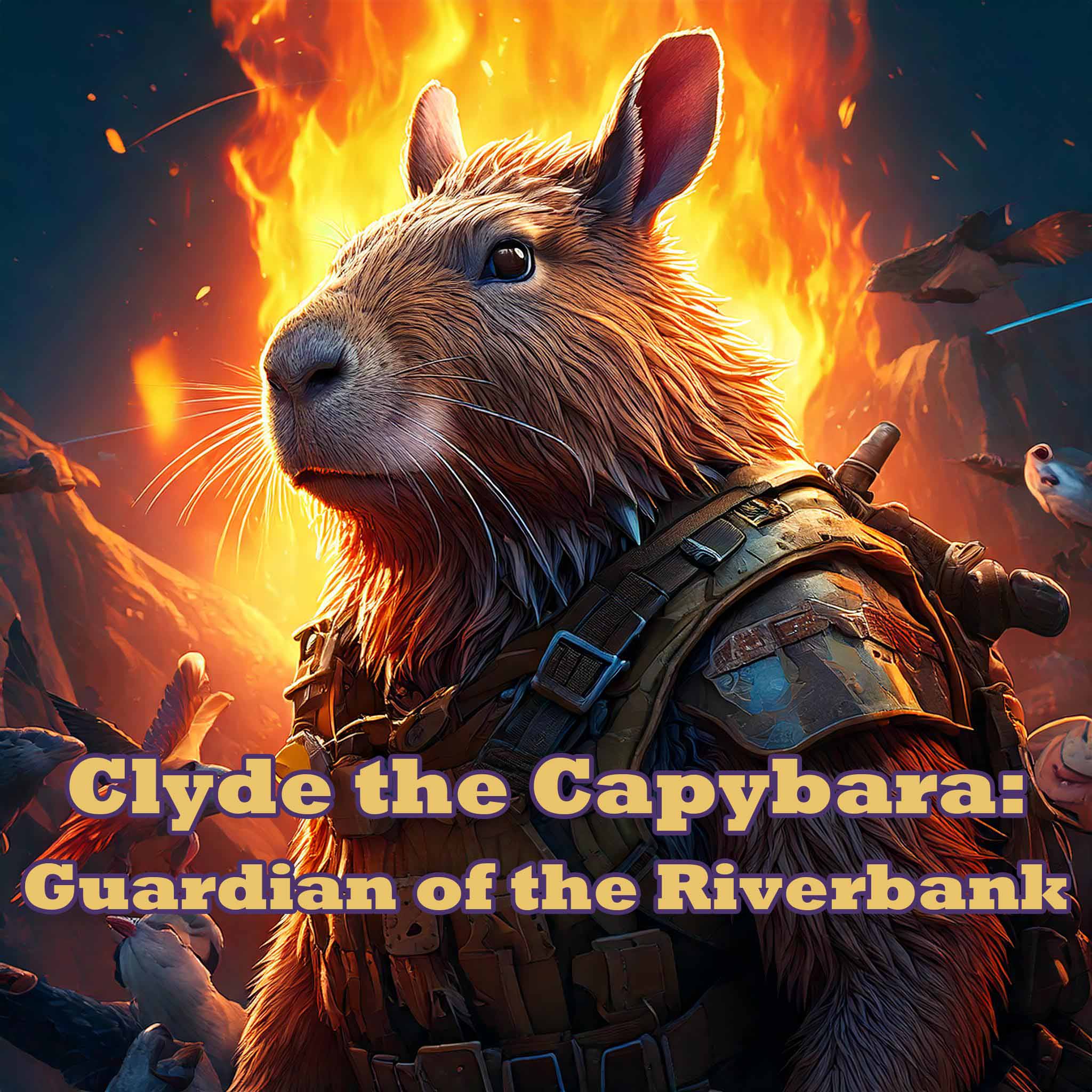 a capybara warrior with flames in the background