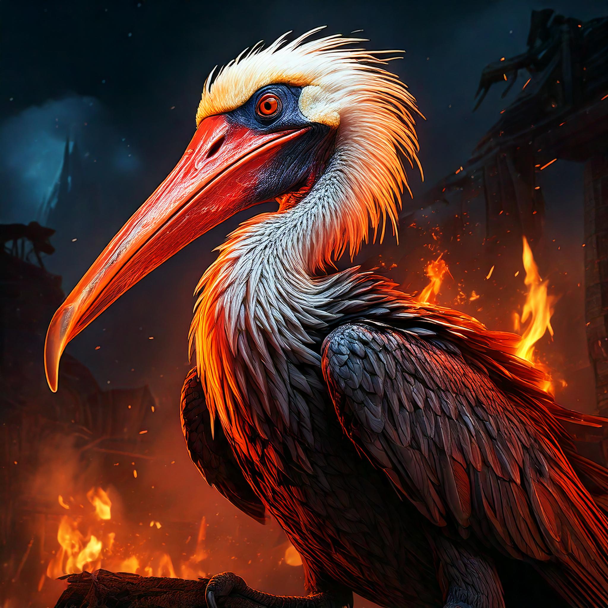 an evil pelican with flames in the background