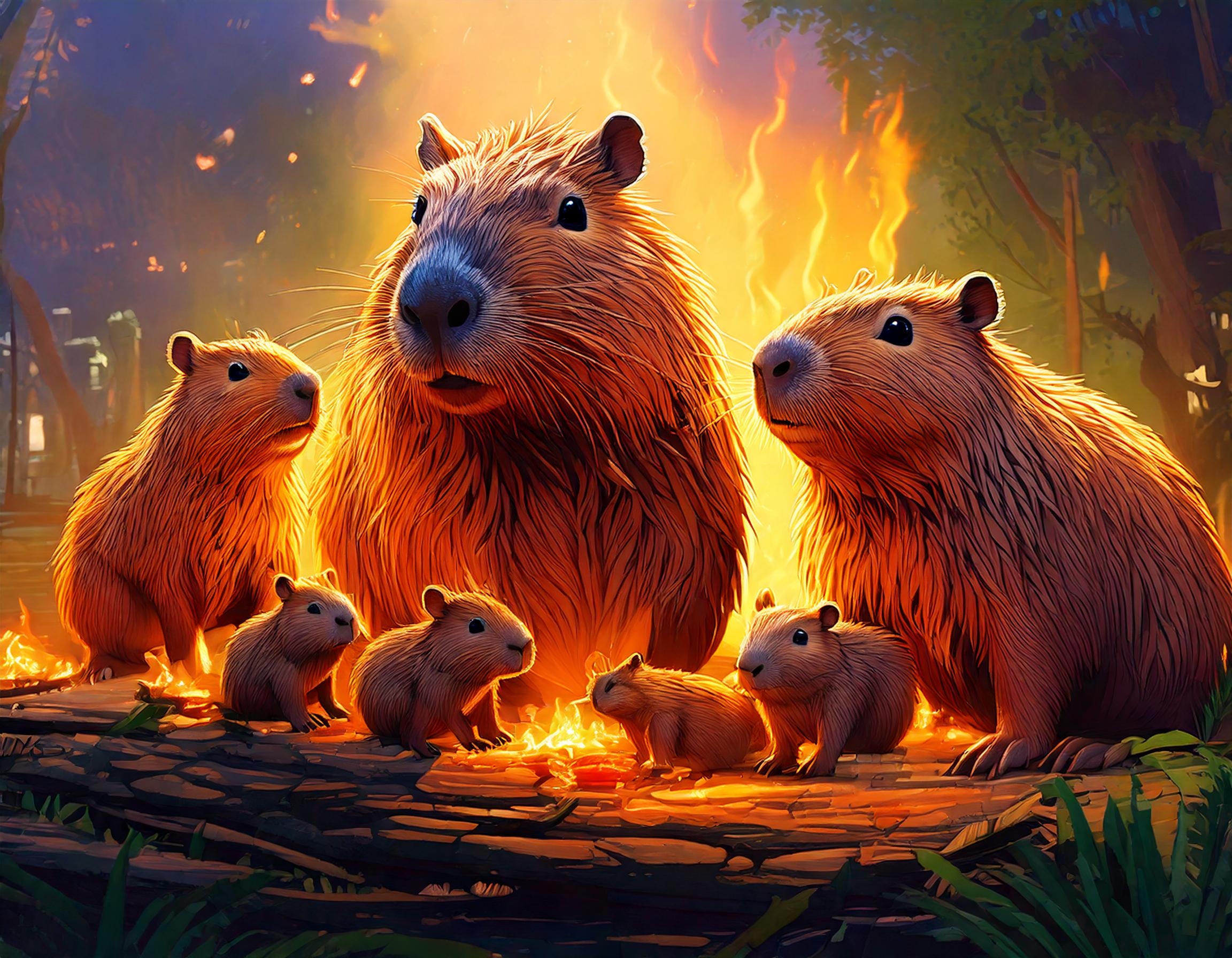 two adult capybaras and five little capybaras standing around a camp fire