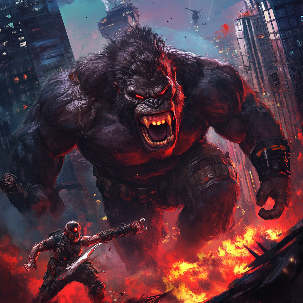 climactic battle scene with Devil King Kong atop a damaged skyscraper