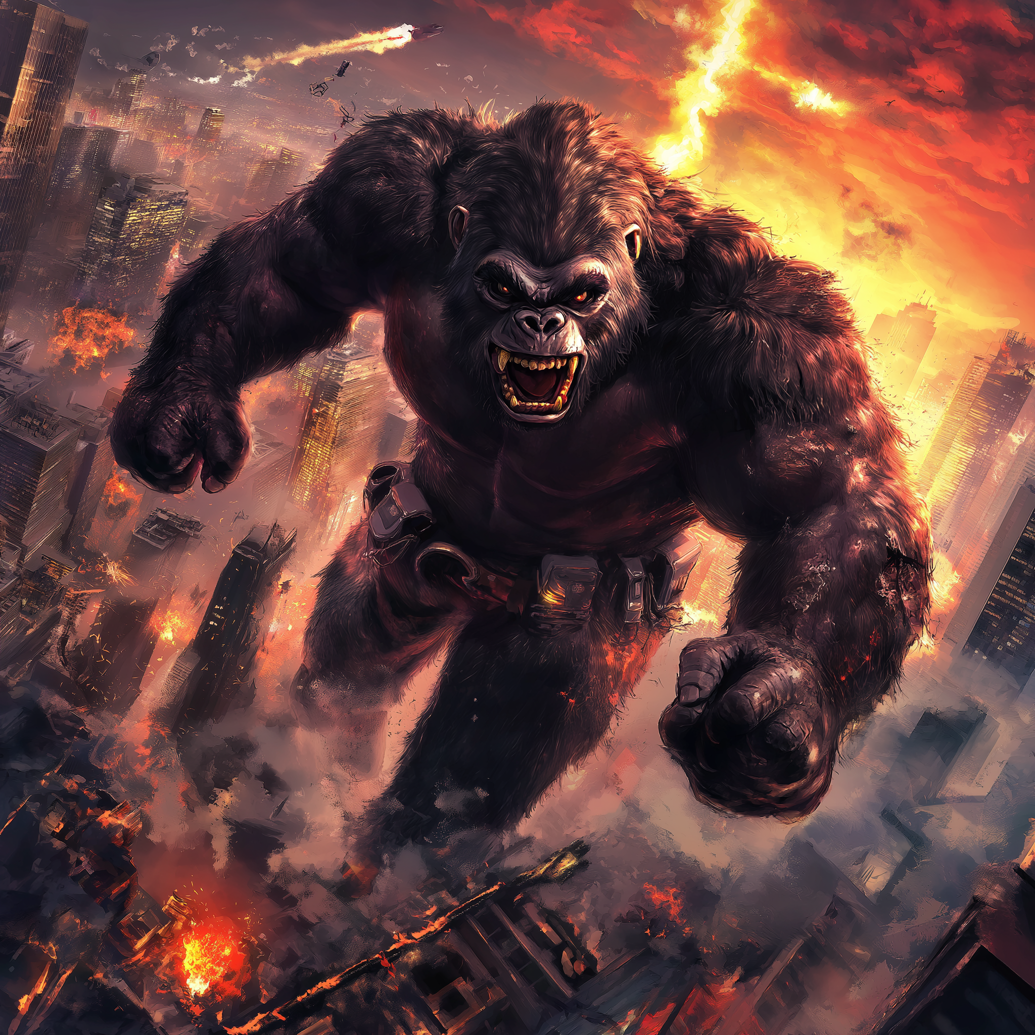 a giant ape monster wrecking city buildings