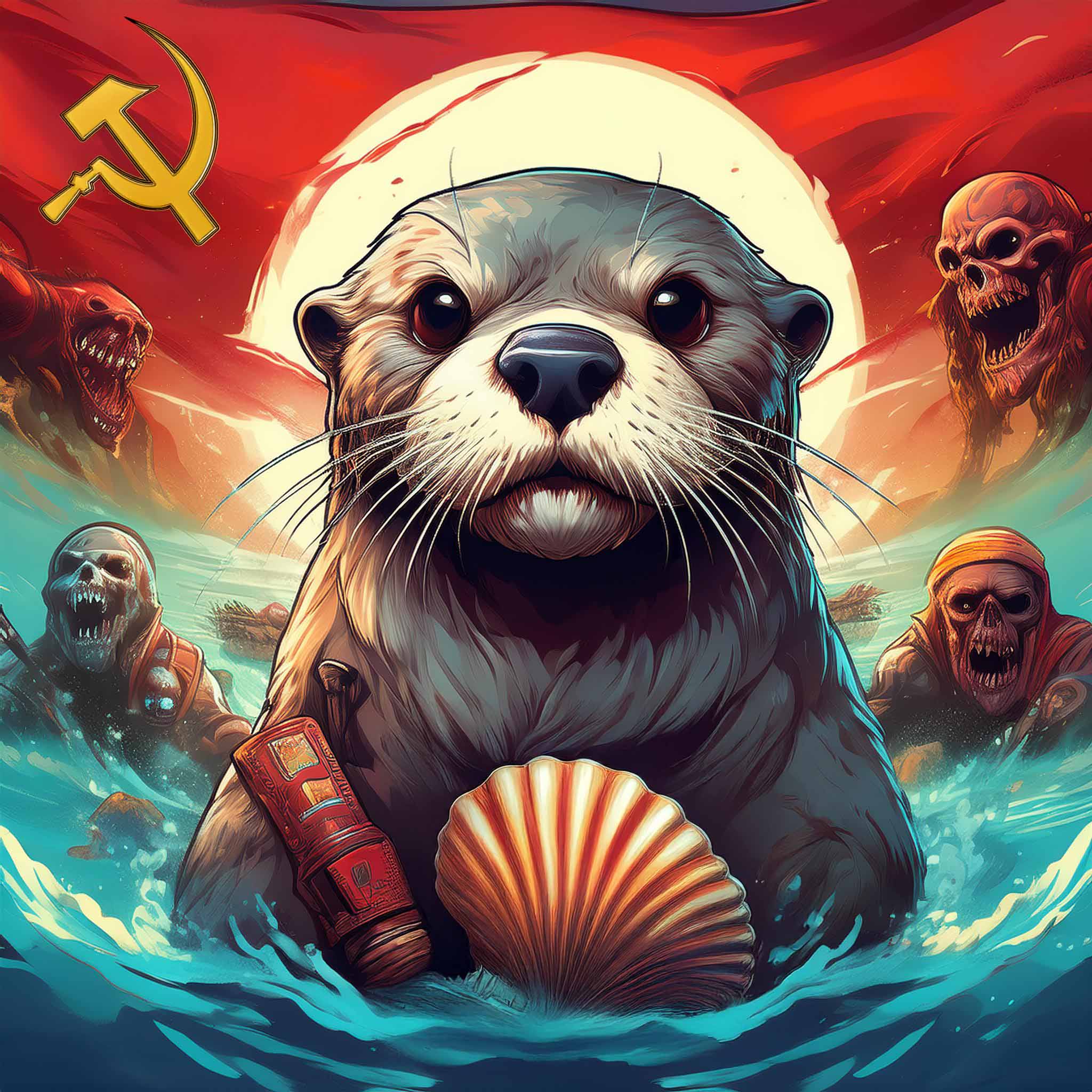 an otter holding a shell with zombies and a communist flag in the background